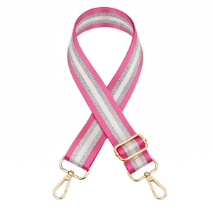 Pink and silver striped adjustable bag strap with golden metal lobster clasps for handbags