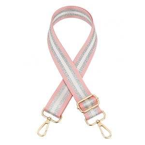 Close-up of pink and silver woven adjustable handbag strap with gold metal swivel hooks