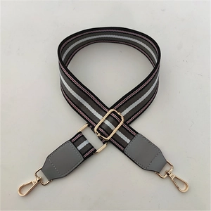Adjustable striped wide shoulder strap with grey leather and gold swivel lobster clips