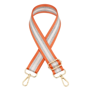 Adjustable orange and silver striped bag strap with polished gold metal lobster clasps