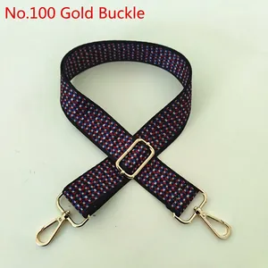 Close-up of geometric pattern woven bag strap with adjustable gold lobster clasp