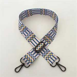 Detail view of ethnic blue and yellow geometric bag strap with gunmetal swivel hooks