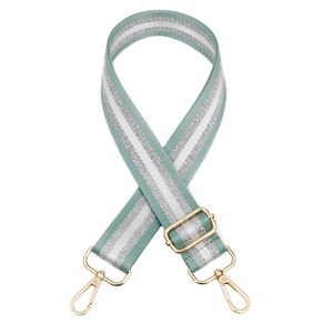 Adjustable light green woven bag strap with silver stripes and golden metal clasps