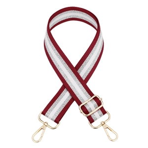 Detail of adjustable wine red and silver striped high-density strap with gold hardware