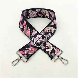 Adjustable colorful jacquard bag strap with silver metal lobster clasps and exotic patterns