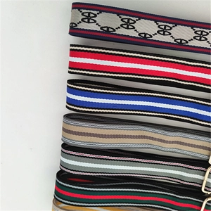 Detail showing adjustable striped nylon shoulder straps with gold metal buckles for bags