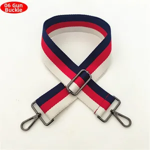 Detail of red, white and navy striped wide strap with gunmetal buckle for handbags