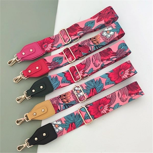 Ethnic floral pattern wide bag straps with adjustable leather ends in five colors