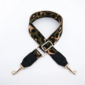 Adjustable wide leopard print bag strap in army green with gold lobster clasps