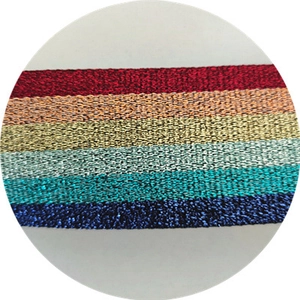 Detailed view of shiny ethnic style woven shoulder straps in vibrant metallic colors