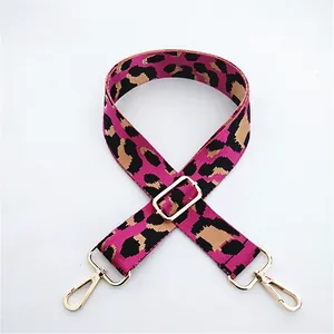 Adjustable rose red leopard print wide shoulder strap with gold metal hooks and buckle