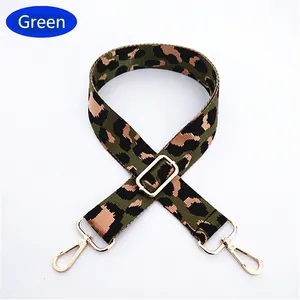 Detail of adjustable leopard print bag strap in green with gold metal swivel snap hooks