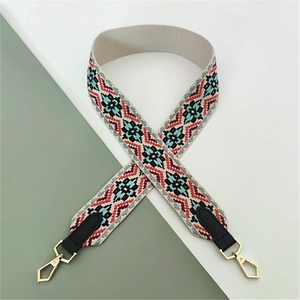 Close-up of ethnic geometric pattern fabric strap with premium gold metal swivel hooks