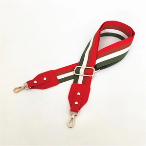 Detail eines verstellbaren breiten Nylon-Taschenriemens mit bunten Streifen und Goldkarabiner