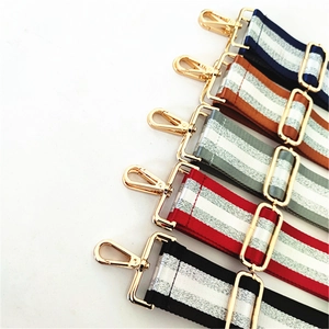 Detail of adjustable wide canvas bag straps with silver thread and gold metal hooks