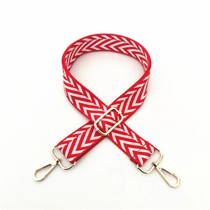 Adjustable chevron patterned wide red and white replacement shoulder strap with gold hooks