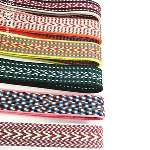 Close-up of thick woven cotton straps featuring colorful ethnic geometric patterns