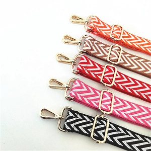 Close-up of multicolored chevron patterned woven straps with gold-tone metal hardware
