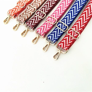 Detail of adjustable patterned woven bag straps in six colors with gold metal hooks