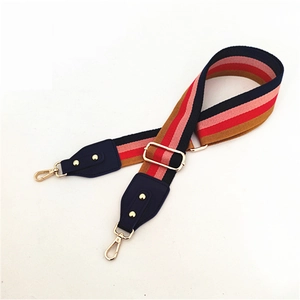 Adjustable colorful striped replacement handbag strap with navy blue leather and gold hooks