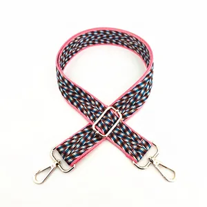 Ethnic style colorful cotton woven bag strap with golden metal hooks and adjustable buckle