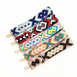 Ethnic style colorful adjustable wide woven shoulder straps with golden metal hooks
