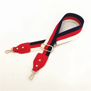 Detailaufnahme von breitem, gestreiftem Taschenurt mit rotem Leder und Goldkarabinern