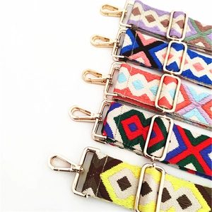 Close-up of ethnic style woven bag straps with colorful geometric patterns and gold clips