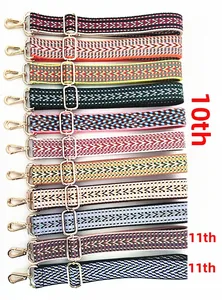 Detail view of eleven colorful bohemian style woven shoulder straps with gold metal hardware