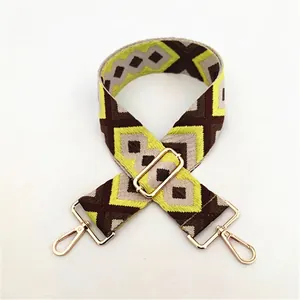 Close-up of geometric diamond weave bag strap with gold metal hooks and buckle