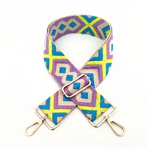 Ethnic style colorful woven shoulder strap with geometric patterns and gold metal buckles