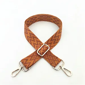 Ethnic style adjustable shoulder strap with brown and yellow geometric wave pattern