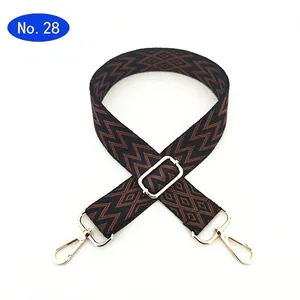 Close-up of ethnic geometric pattern woven strap with gold metal lobster clasps