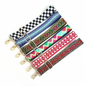 Detail view of ethnic style adjustable bag straps with various geometric woven patterns