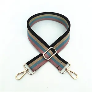 Adjustable colorful striped woven shoulder strap with gold metal hooks for handbags