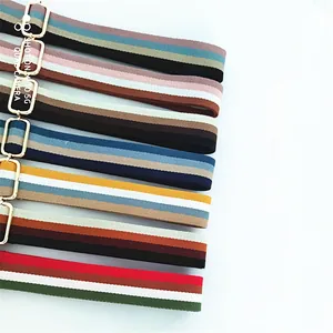 Detail of colorful striped cotton shoulder straps with premium gold metal hardware buckles
