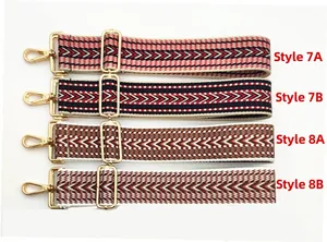 Dettaglio tracolle in tessuto con motivi geometrici e ganci metallici dorati