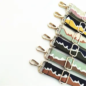 Detail of adjustable woven straps with gold metal hooks and geometric wave patterns