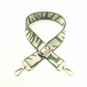 Adjustable jacquard wide handbag strap with geometric Morandi green pattern and gold hooks