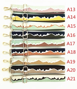 Macro view of adjustable woven shoulder straps with colorful geometric wave patterns