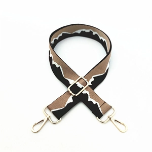 Adjustable woven replacement bag strap with geometric wave pattern and gold metal buckles