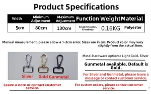 Detailed size chart for 5cm wide adjustable polyester shoulder strap with metal lobster clasps