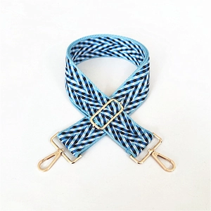 Detail of blue and white wave pattern jacquard woven wide strap with gold hardware