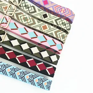 Close-up of jacquard woven bag straps with ethnic patterns and gold metal buckles
