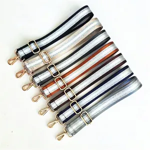 Adjustable Striped Bag Strap For Women Crossbody Shoulder Bag Replacement Strap Silver Glitter Decor Metal Buckle