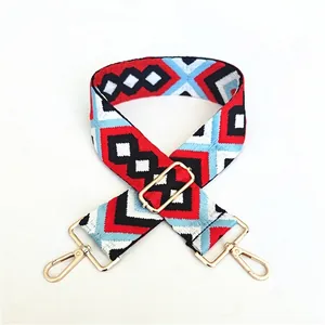 Detail of colorful geometric diamond pattern woven bag strap with gold metal hardware