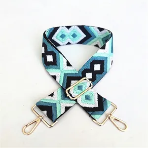 Detail of colorful geometric diamond pattern woven bag strap with golden metal hardware