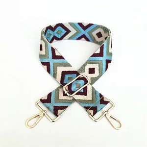 Detailed close-up of woven geometric diamond pattern bag strap with gold metal hardware