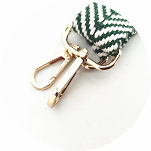 Detail of golden lobster clasp with green and white herringbone woven bag strap