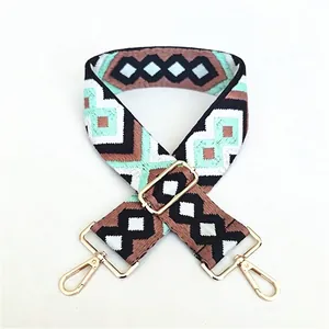Close-up of ethnic geometric pattern strap No. 23 with golden metal lobster clasps